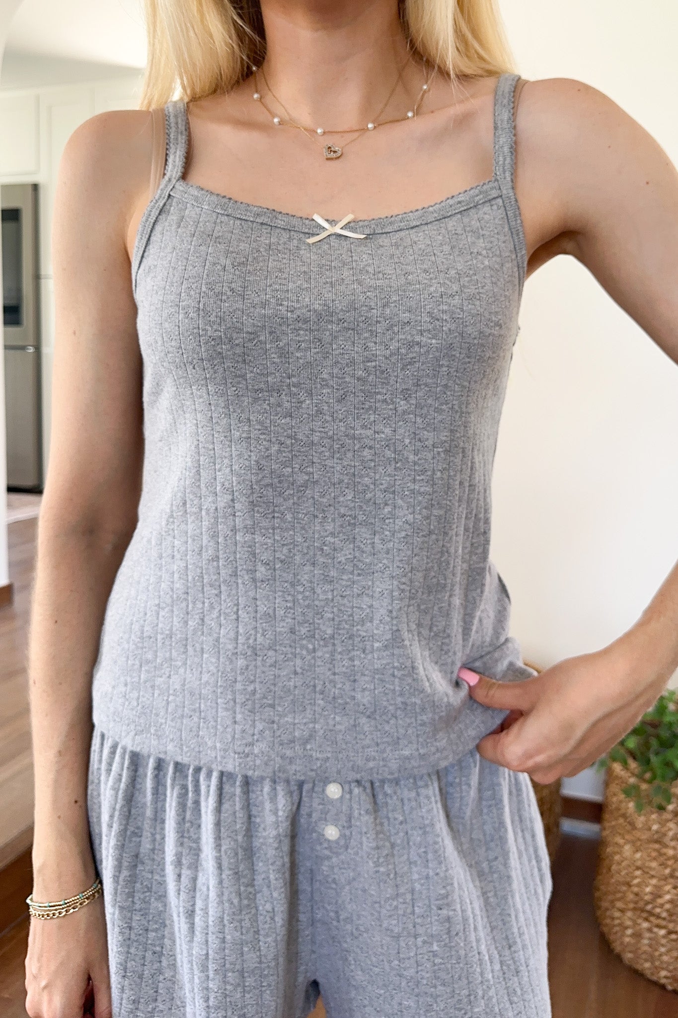 Daisy Pointelle Ribbed Knit Tank Top in Heather Grey - Neutral Ground