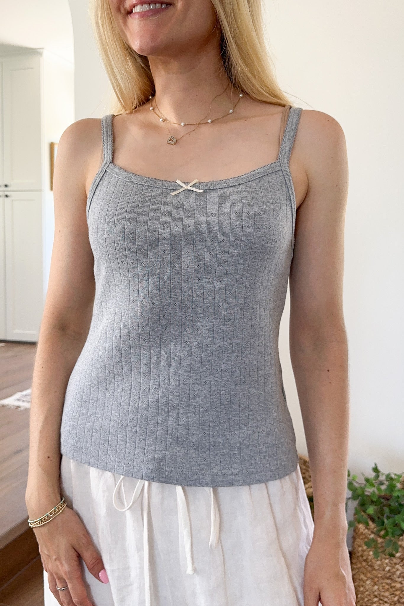 Daisy Pointelle Ribbed Knit Tank Top in Heather Grey - Neutral Ground