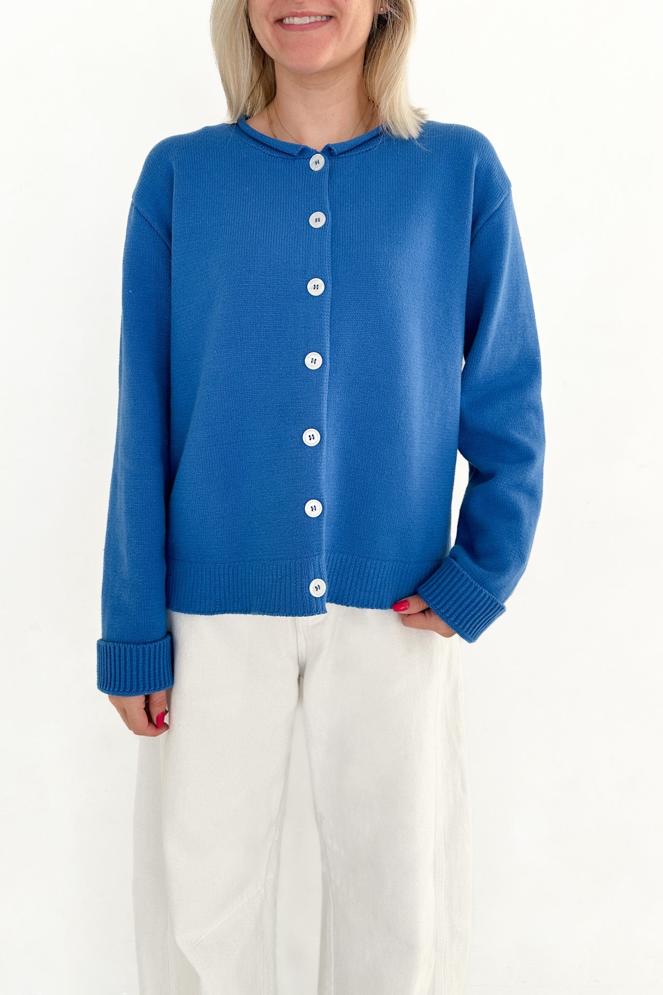 Daisy Rolled Neckline Button Up Cotton Cardigan in Royal - Neutral Ground