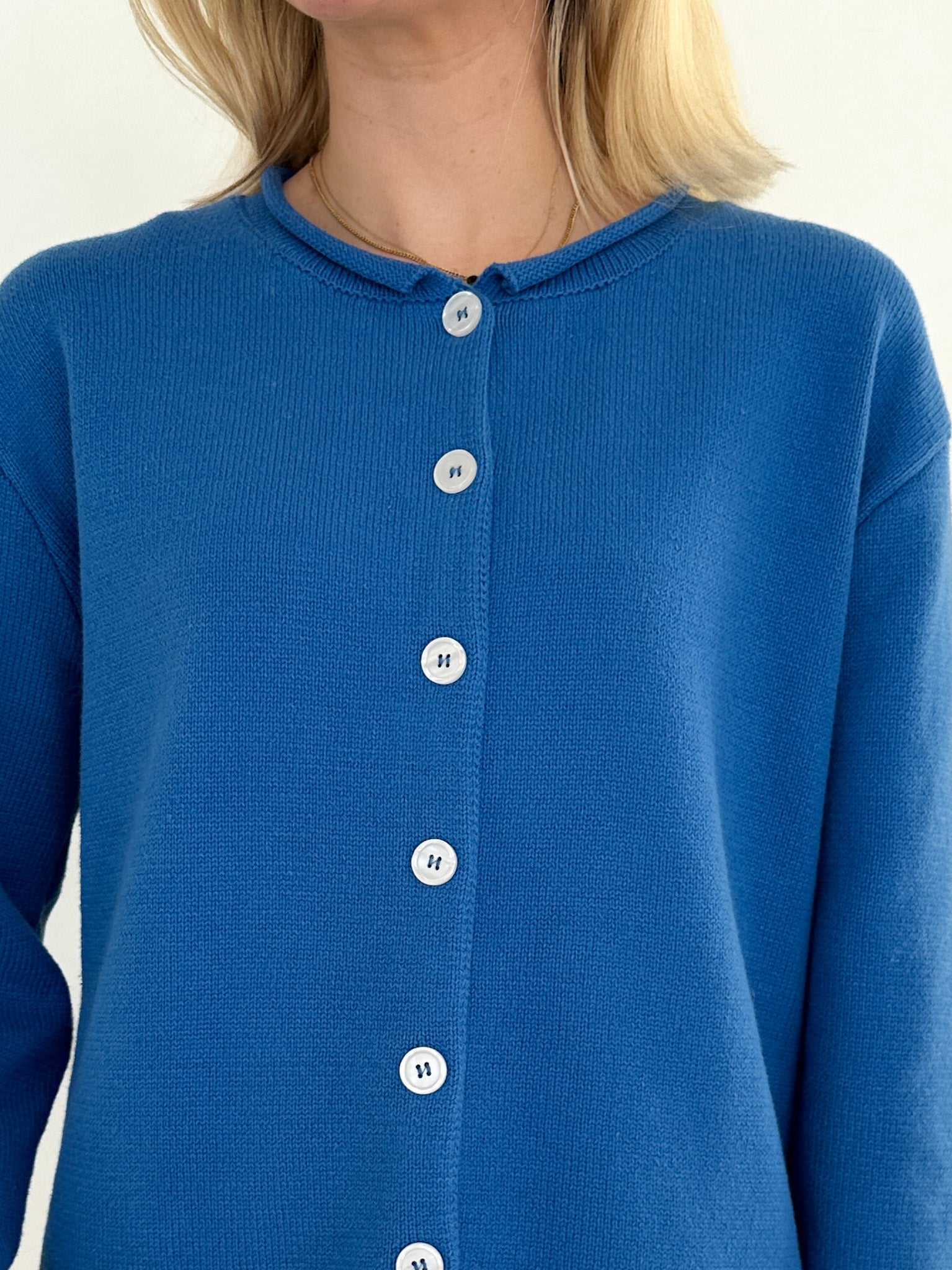 Daisy Rolled Neckline Button Up Cotton Cardigan in Royal - Neutral Ground