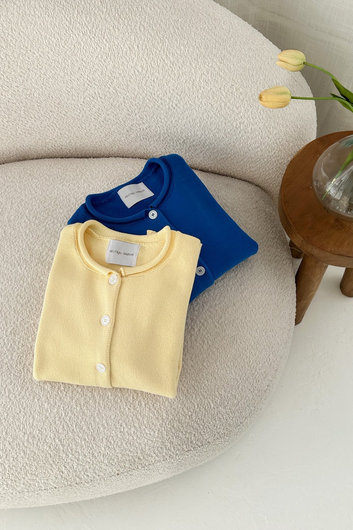 Daisy Rolled Neckline Button Up Cotton Cardigan in Sunshine - Neutral Ground