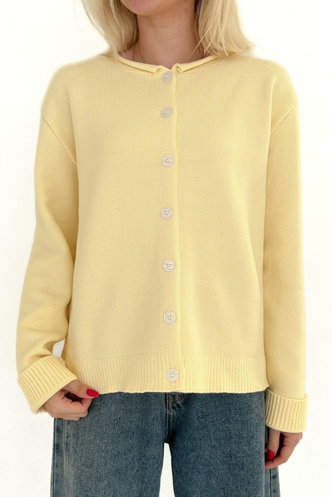 Daisy Rolled Neckline Button Up Cotton Cardigan in Sunshine - Neutral Ground