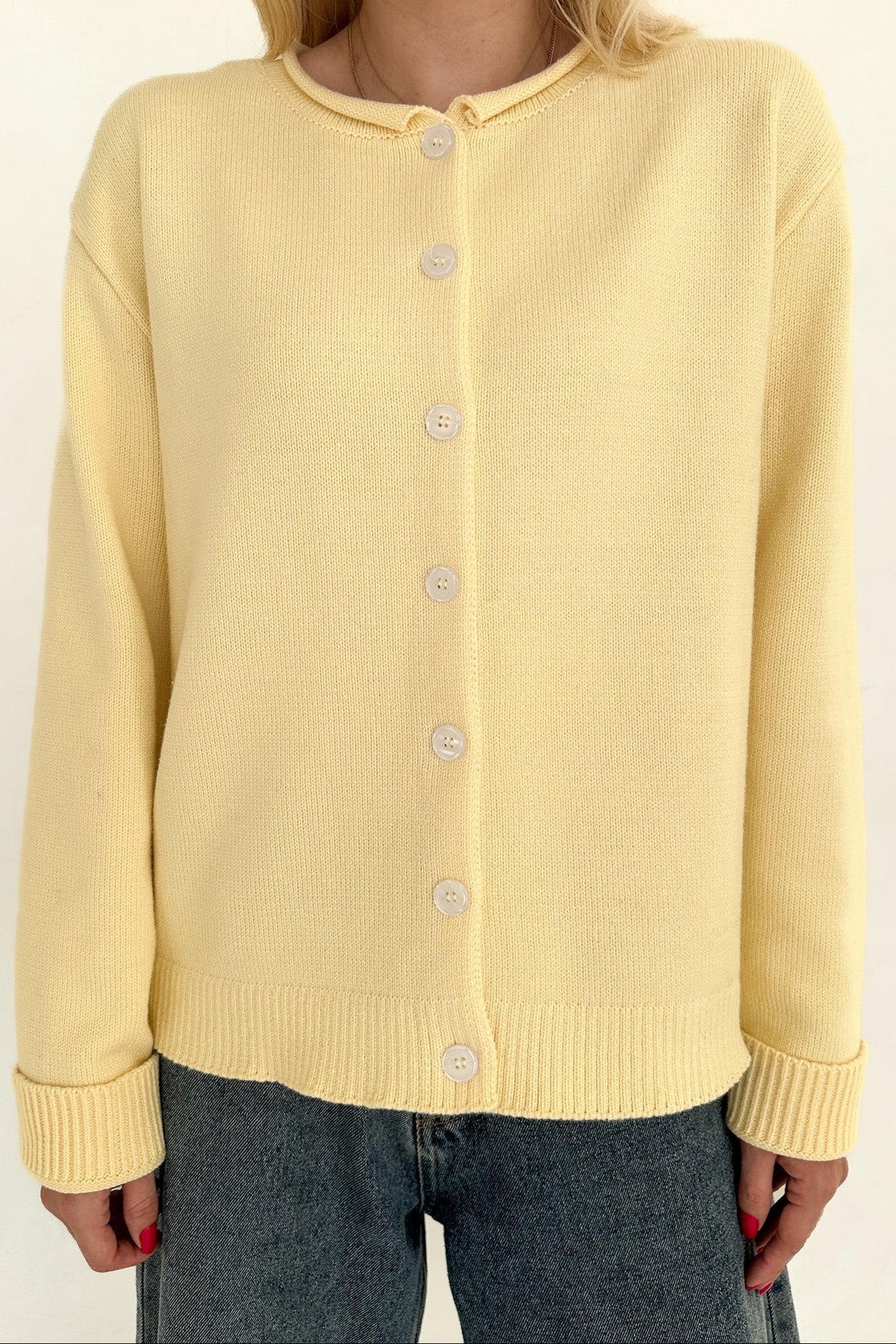 Daisy Rolled Neckline Button Up Cotton Cardigan in Sunshine - Neutral Ground