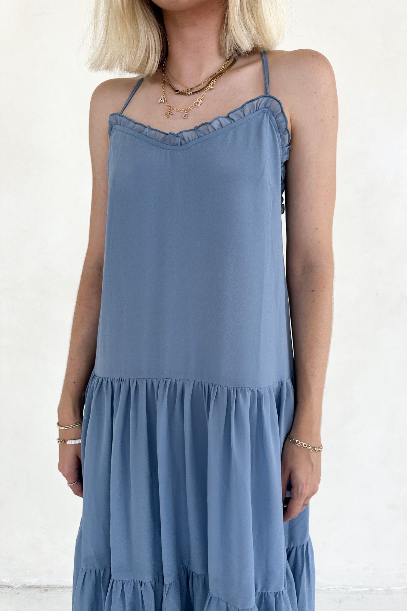 Dove Romantic Dusty Blue Tiered Midi Dress - Neutral Ground
