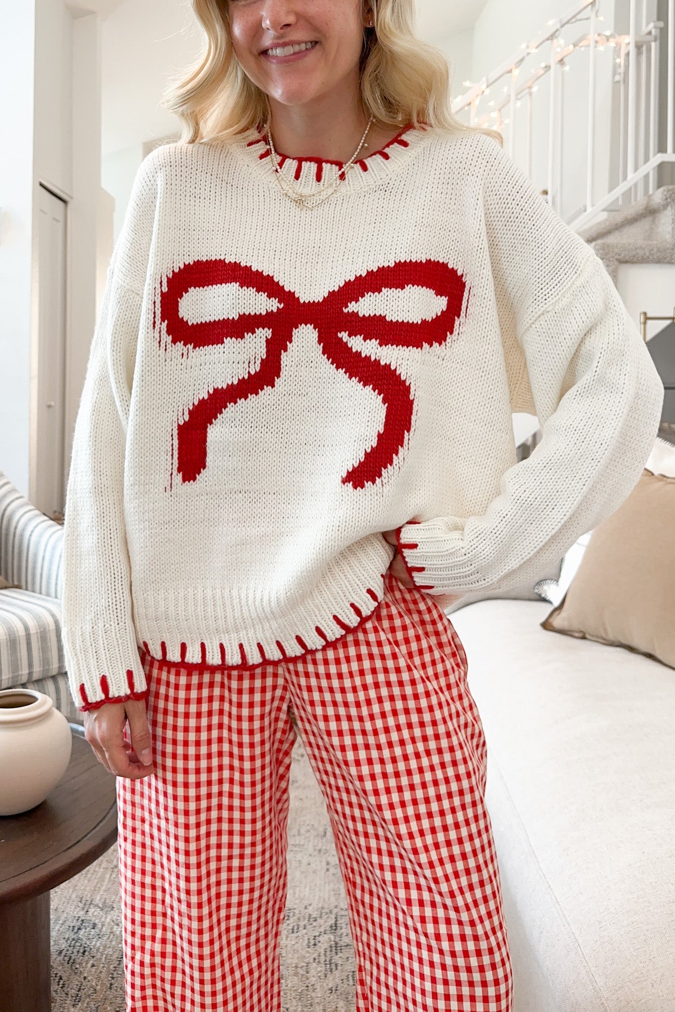 Eloise Giant Ribbon Sweater in Holiday Cream - Neutral Ground