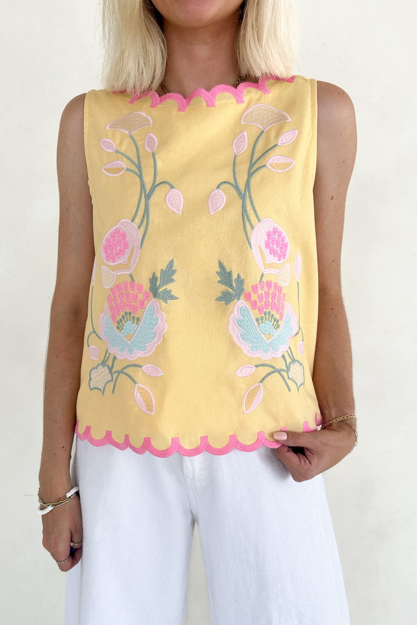 Eloise Sleeveless Floral Embroidered Top in Butter - Neutral Ground