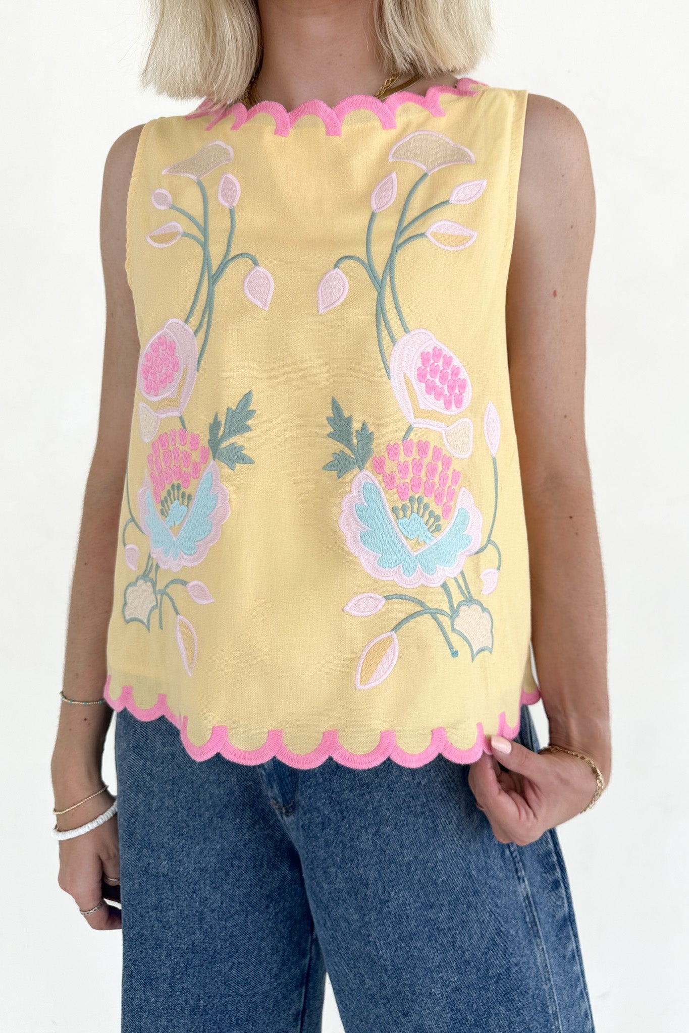 Eloise Sleeveless Floral Embroidered Top in Butter - Neutral Ground