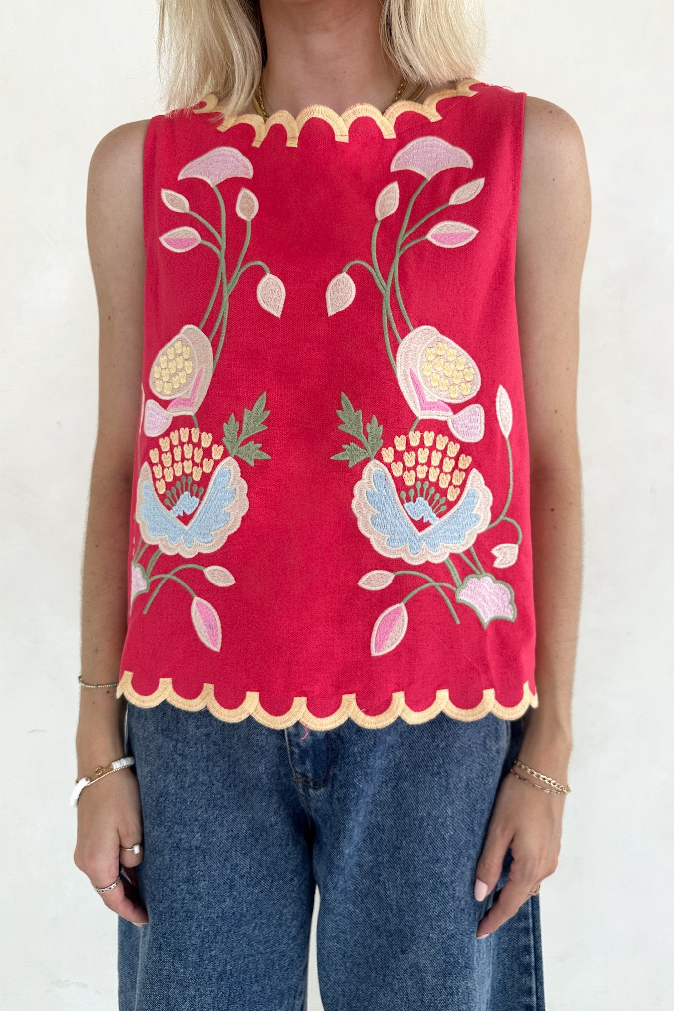 Eloise Sleeveless Floral Embroidered Top in Raspberry - Neutral Ground