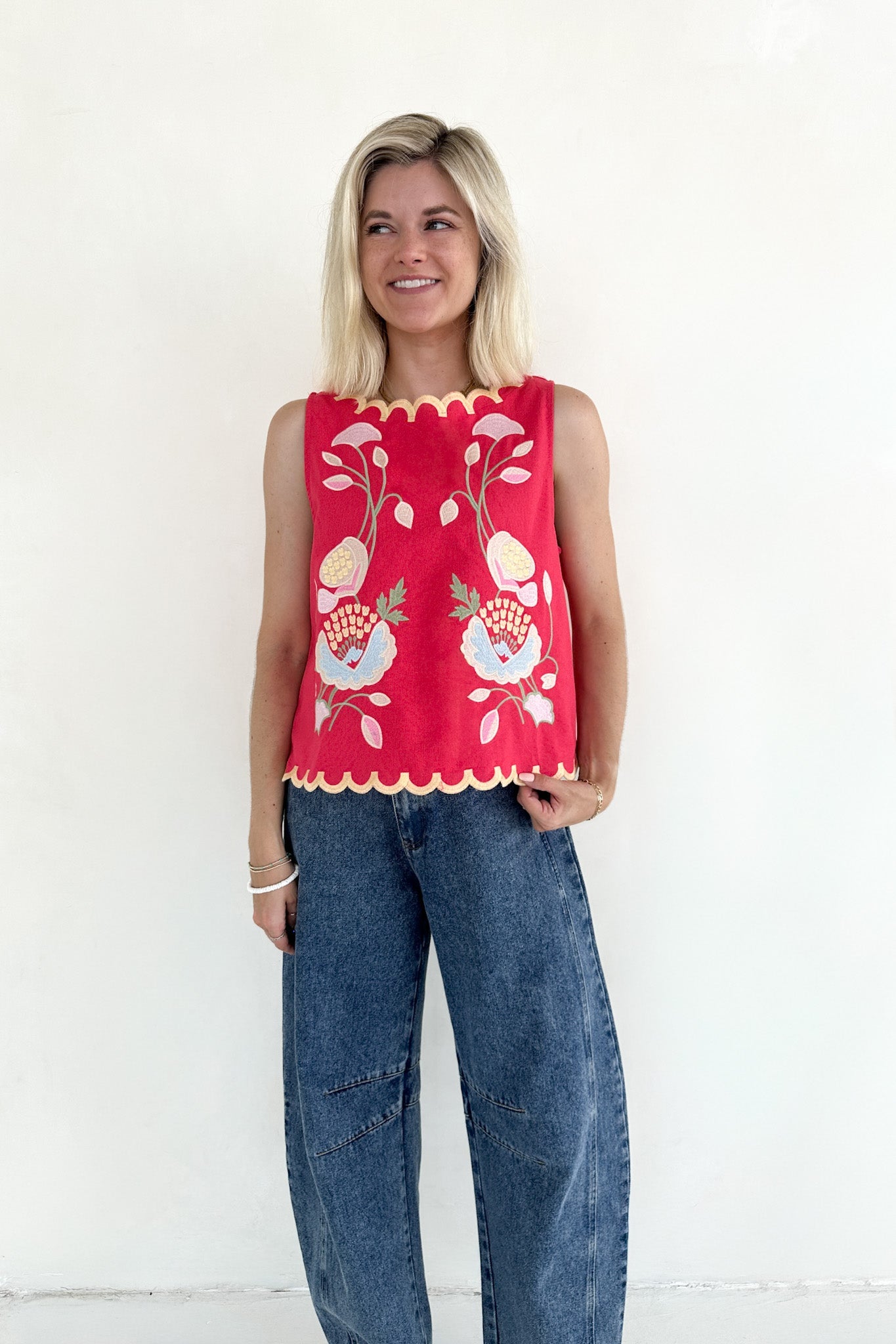 Eloise Sleeveless Floral Embroidered Top in Raspberry - Neutral Ground