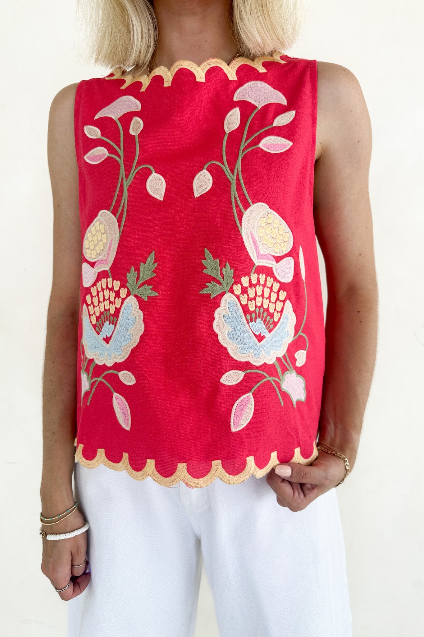 Eloise Sleeveless Floral Embroidered Top in Raspberry - Neutral Ground
