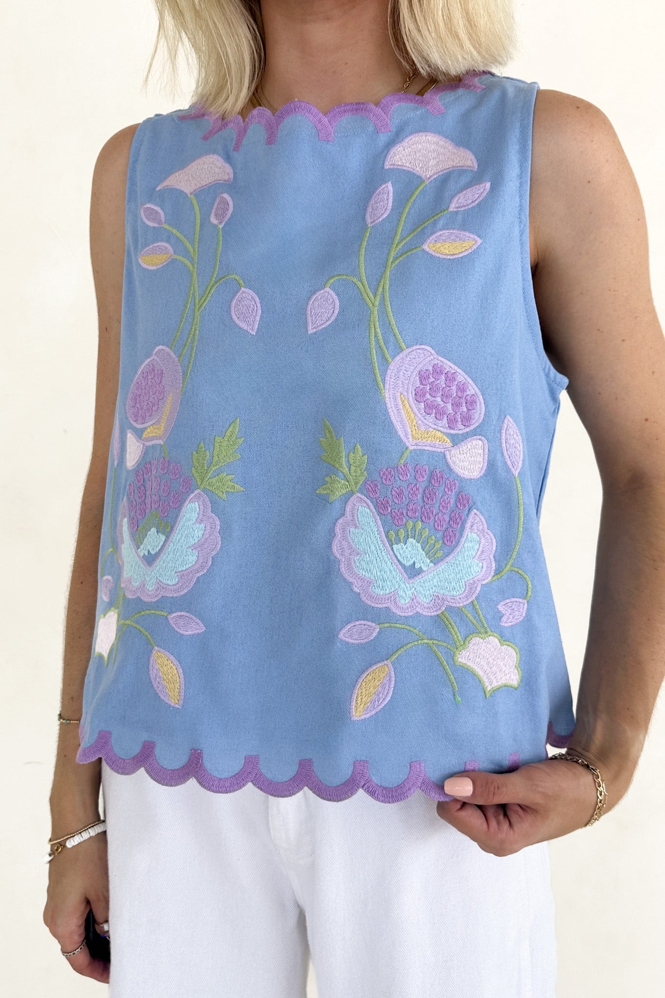 Eloise Sleeveless Floral Embroidered Top in Sky Blue - Neutral Ground