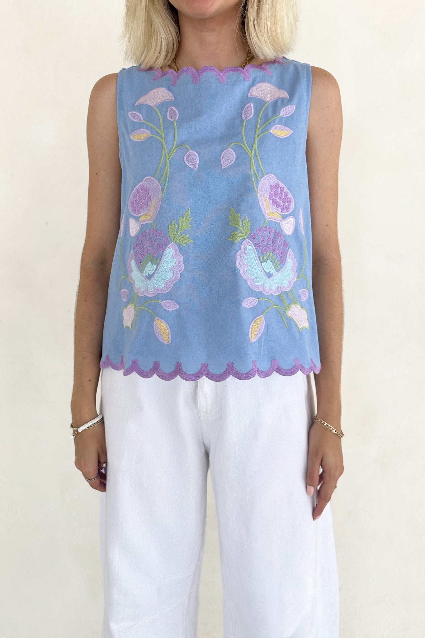 Eloise Sleeveless Floral Embroidered Top in Sky Blue - Neutral Ground