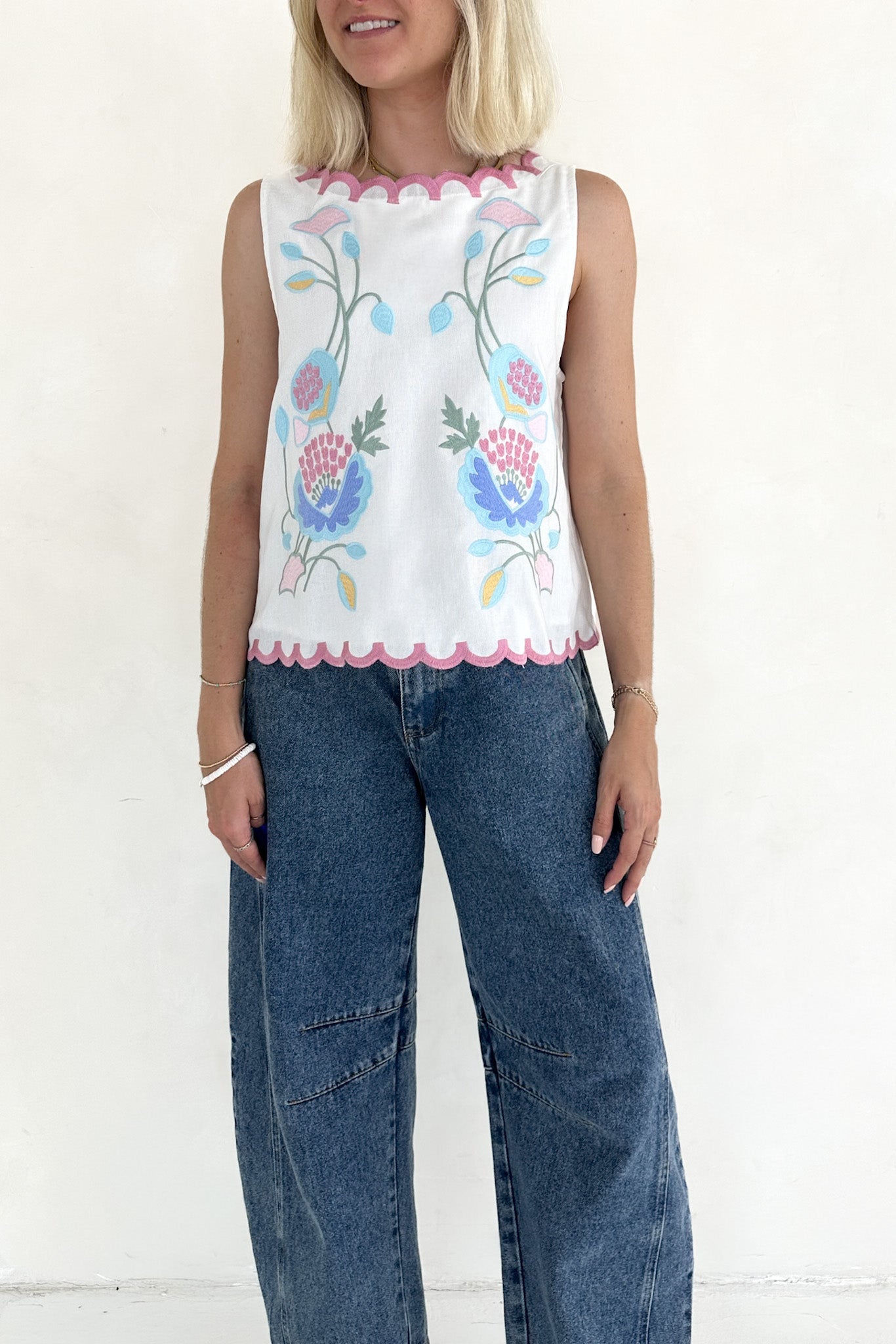 Eloise Sleeveless Floral Embroidered Top in White - Neutral Ground