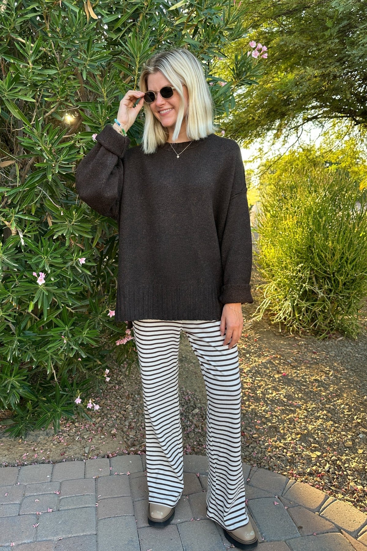 Elsewhere Cotton Striped Knit Pants - Neutral Ground