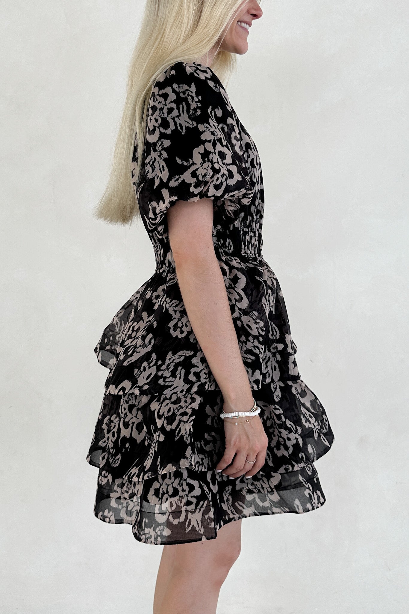 Emma Floral Organza Puff - sleeve Tier Ruffle Mini Dress - Neutral Ground