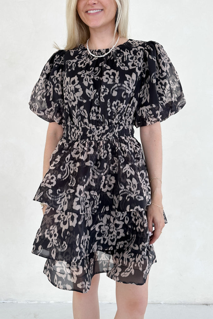 Emma Floral Organza Puff - sleeve Tier Ruffle Mini Dress - Neutral Ground