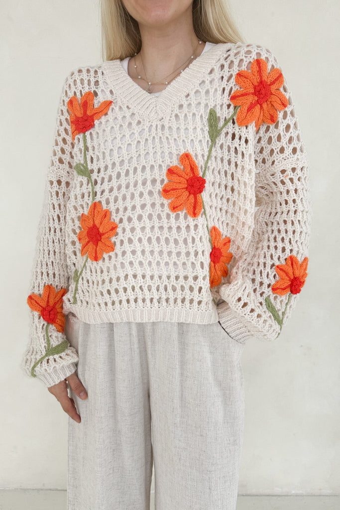 Emmy Crochet Floral Sweater - Neutral Ground
