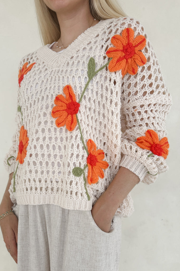 Emmy Crochet Floral Sweater - Neutral Ground