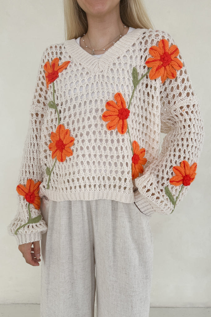 Emmy Crochet Floral Sweater - Neutral Ground