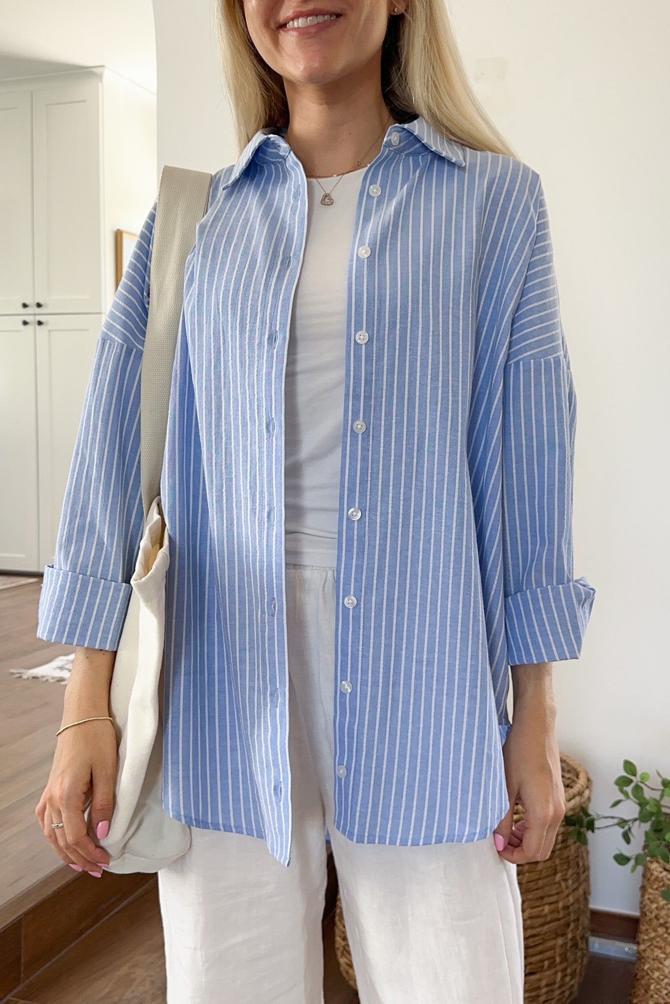 Estelle Striped Button Down in Blue and White - Neutral Ground