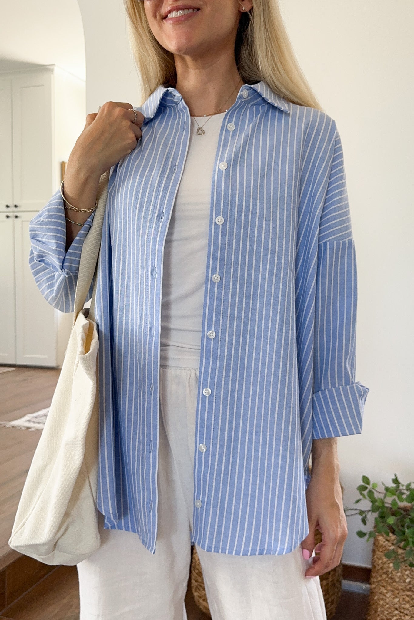 Estelle Striped Button Down in Blue and White - Neutral Ground