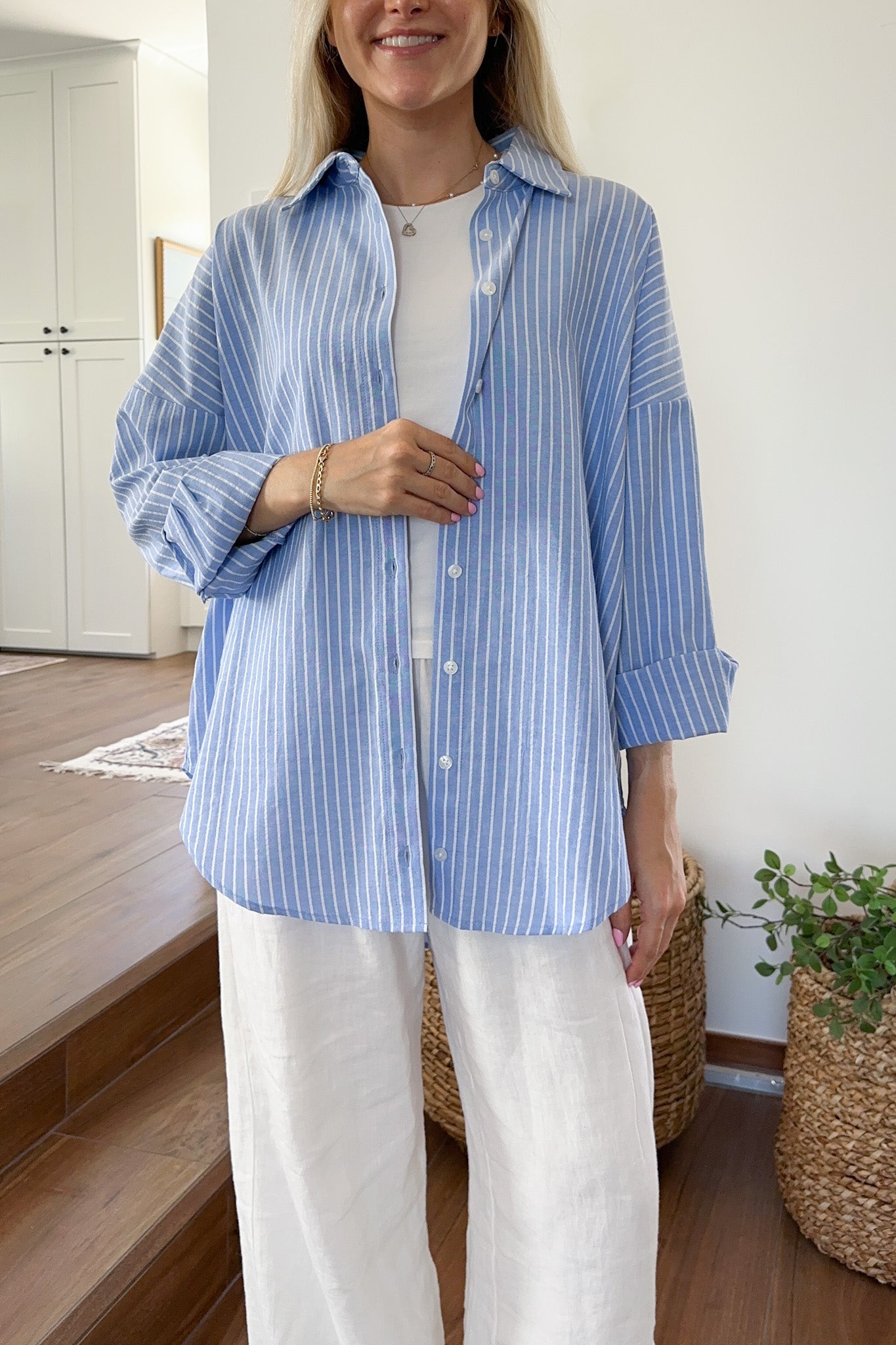 Estelle Striped Button Down in Blue and White - Neutral Ground