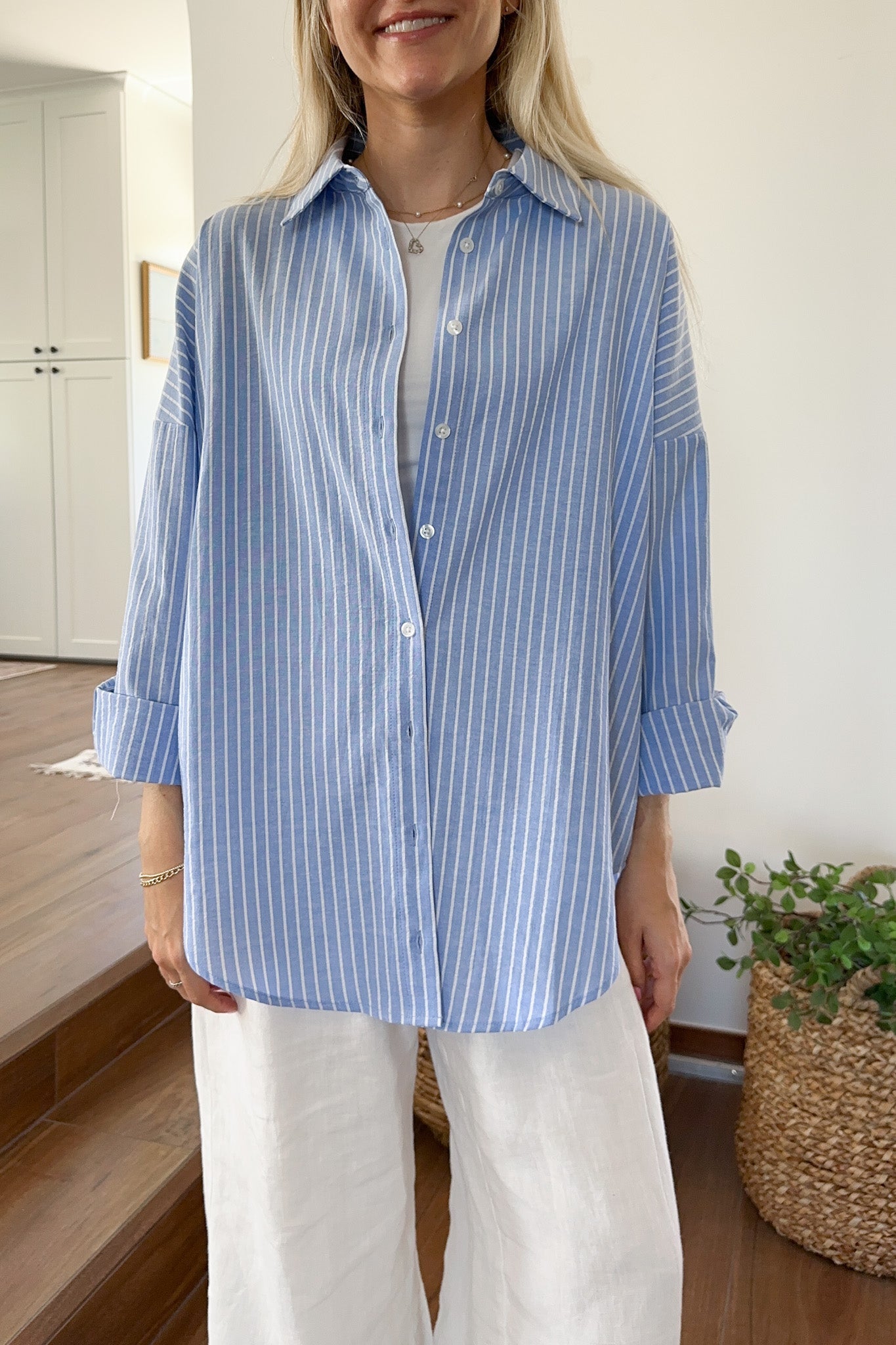 Estelle Striped Button Down in Blue and White - Neutral Ground
