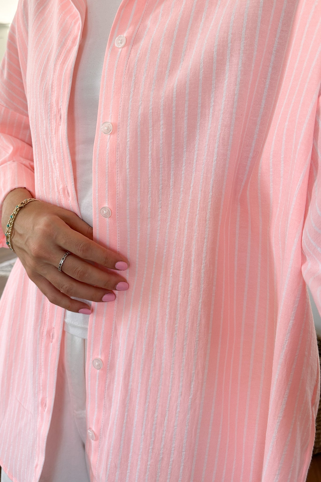 Estelle Striped Button Down in Coral Pink and White - Neutral Ground