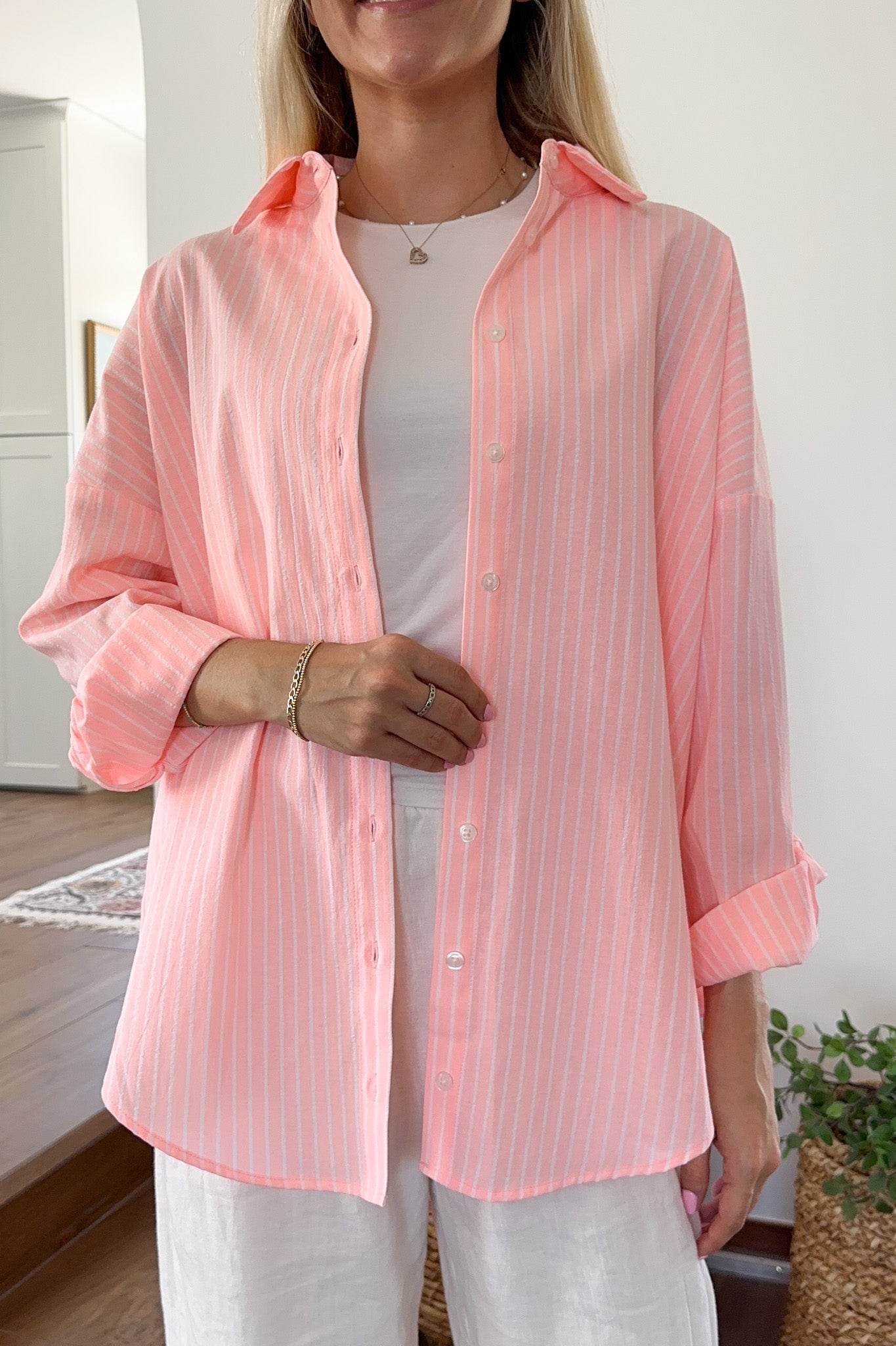 Estelle Striped Button Down in Coral Pink and White - Neutral Ground