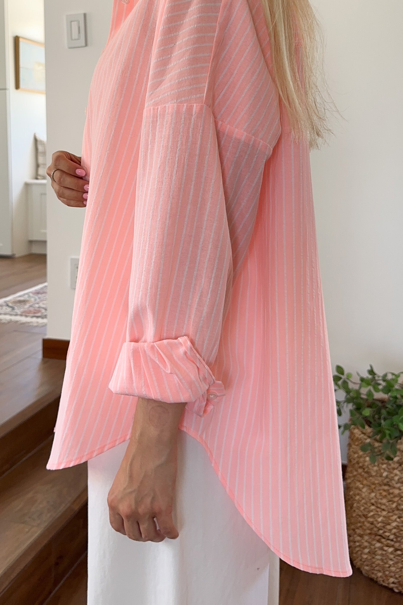 Estelle Striped Button Down in Coral Pink and White - Neutral Ground