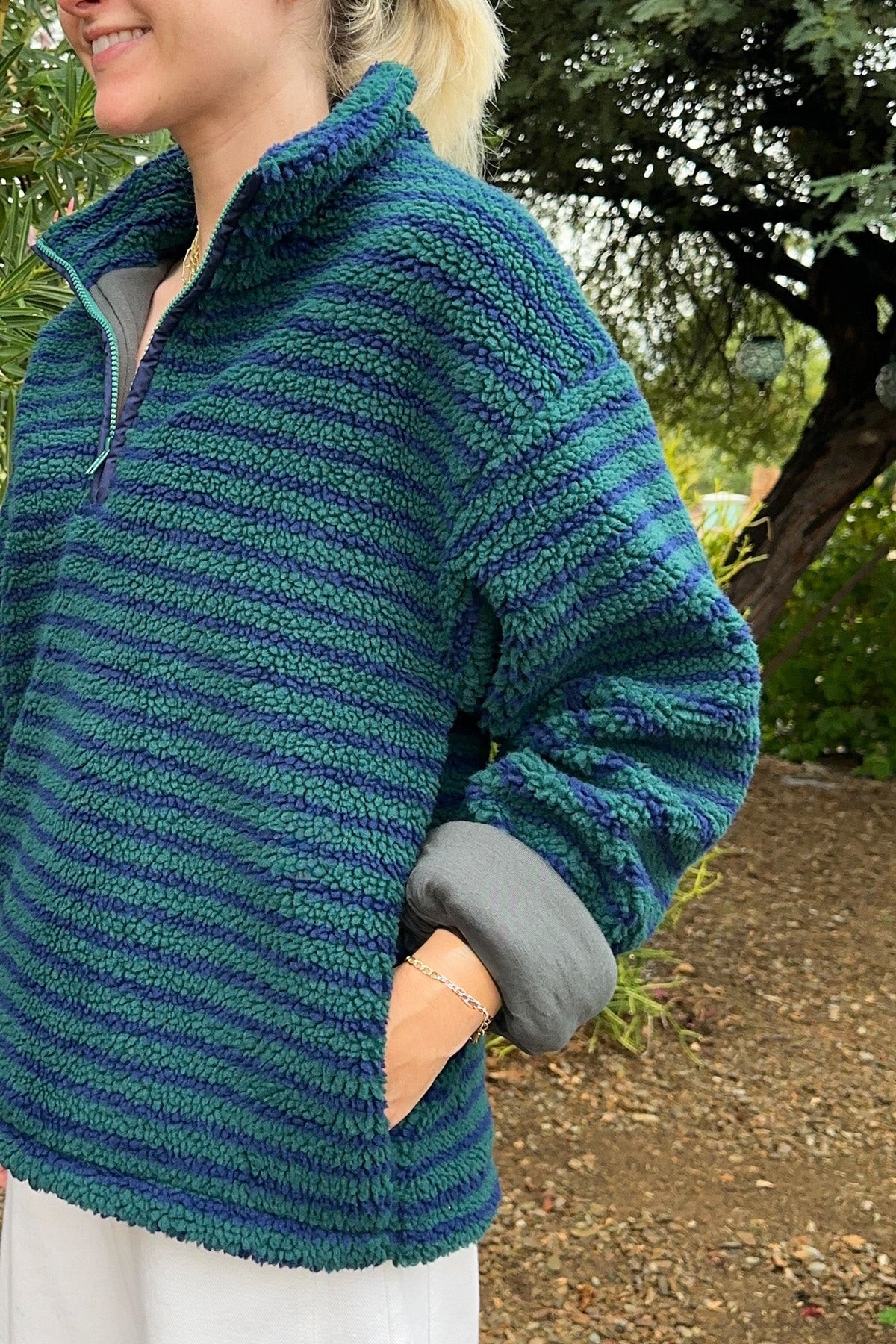 Evergreen Striped Sherpa Quarter Zip Pullover - Neutral Ground