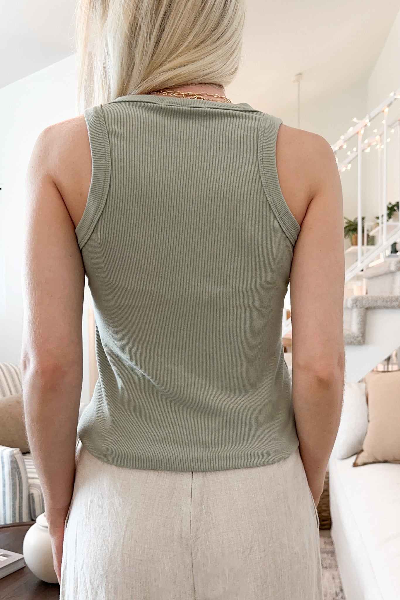 Everly Long Ribbed Knit Tank Top in Sage - Neutral Ground