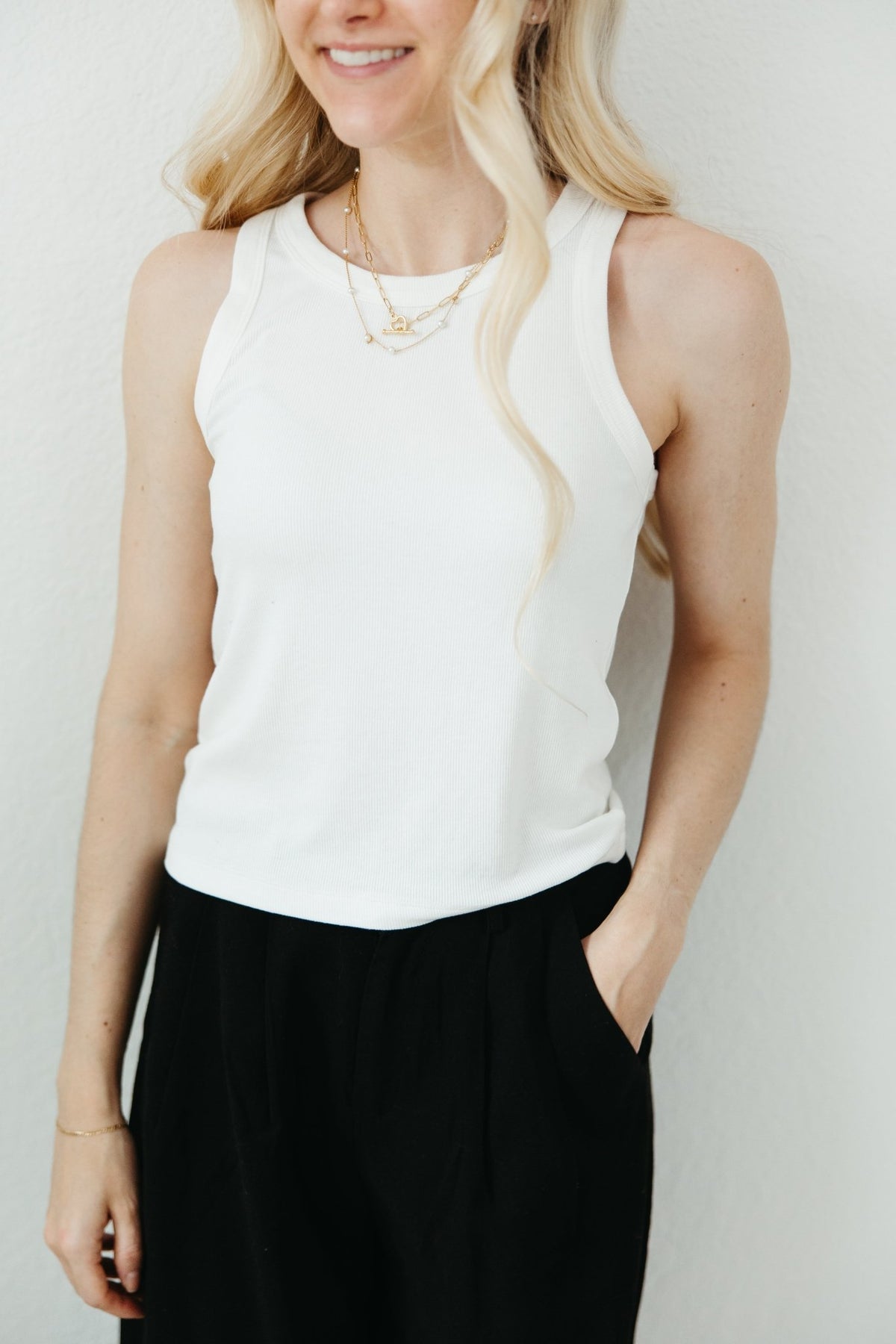 Everly Long Ribbed Knit Tank Top in White - Neutral Ground