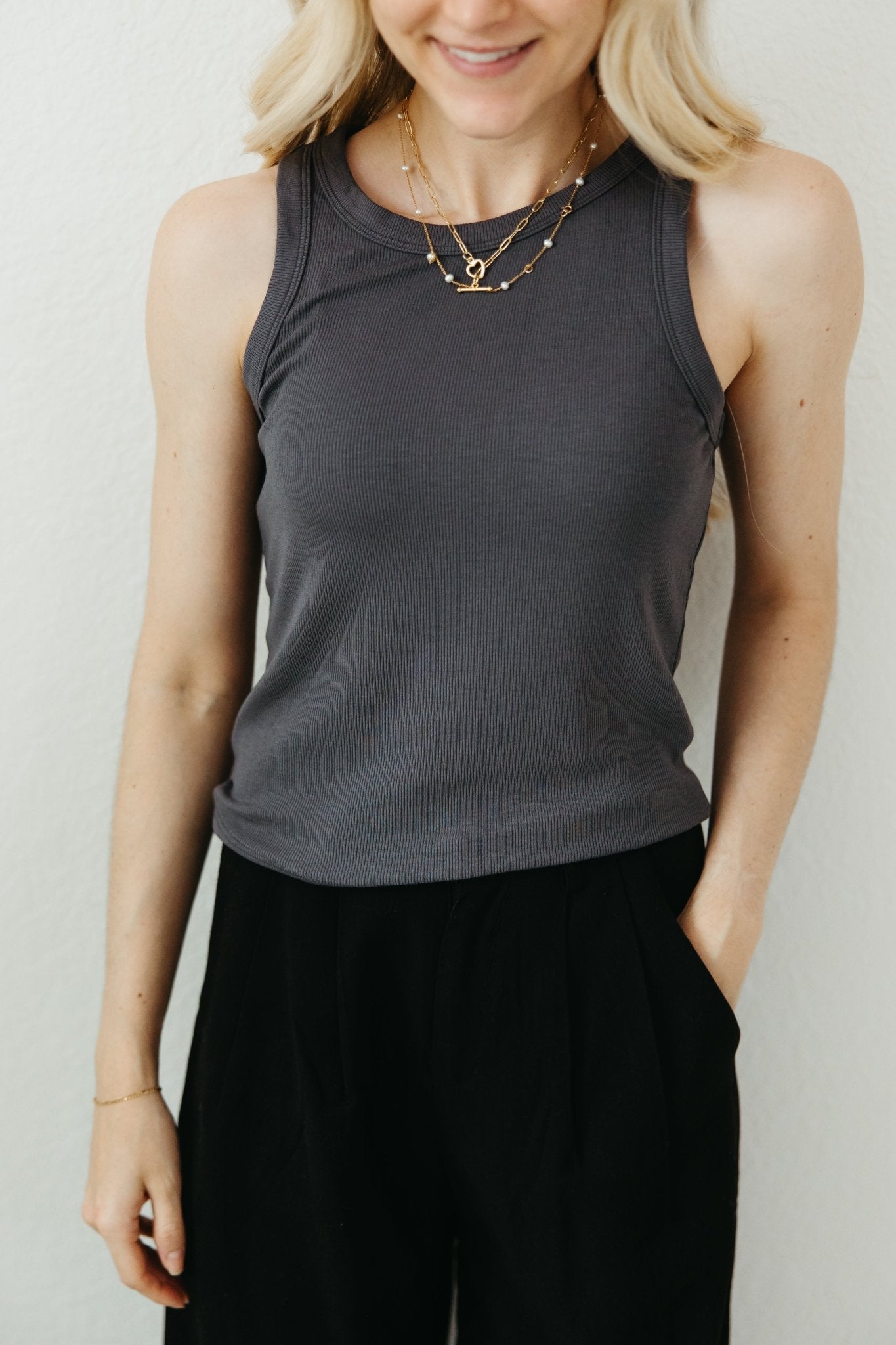 Everly Ribbed Knit Tank Top in Charcoal - Neutral Ground