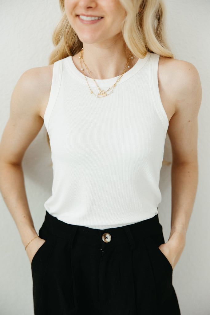 Everly Ribbed Knit Tank Top in White - Neutral Ground