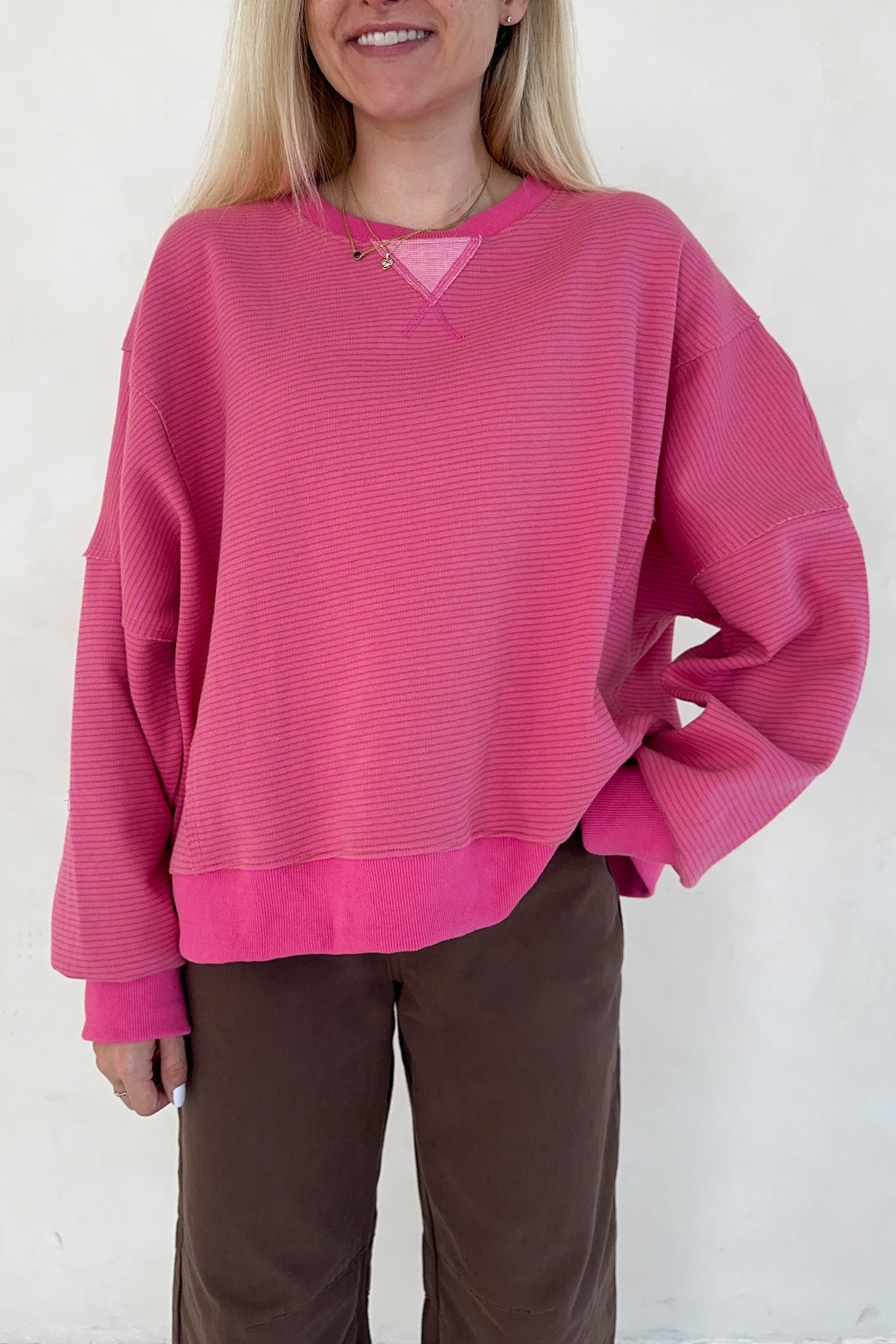 Fall Break Hibiscus and Mocha Striped Pullover - Neutral Ground