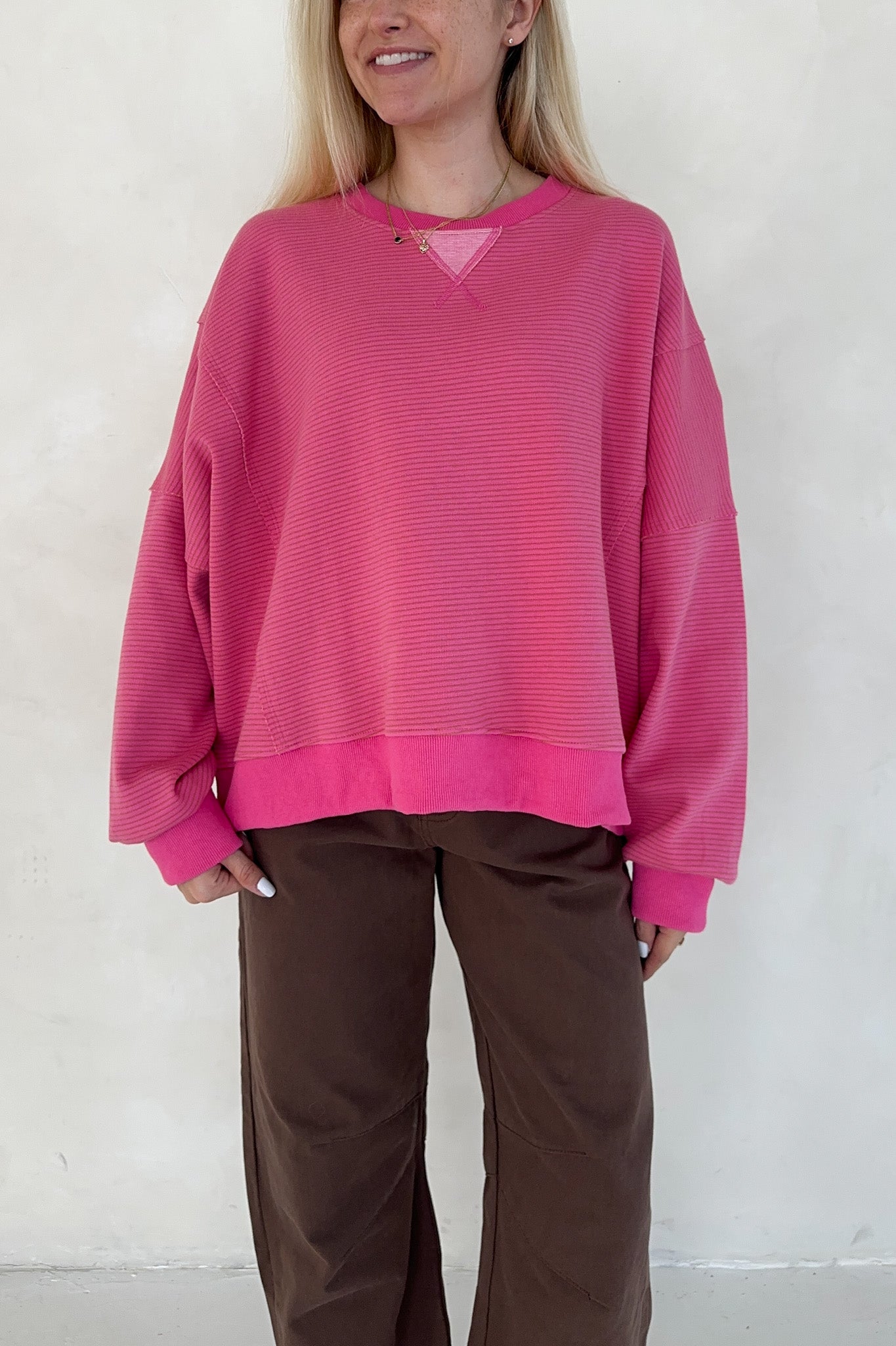 Fall Break Hibiscus and Mocha Striped Pullover - Neutral Ground