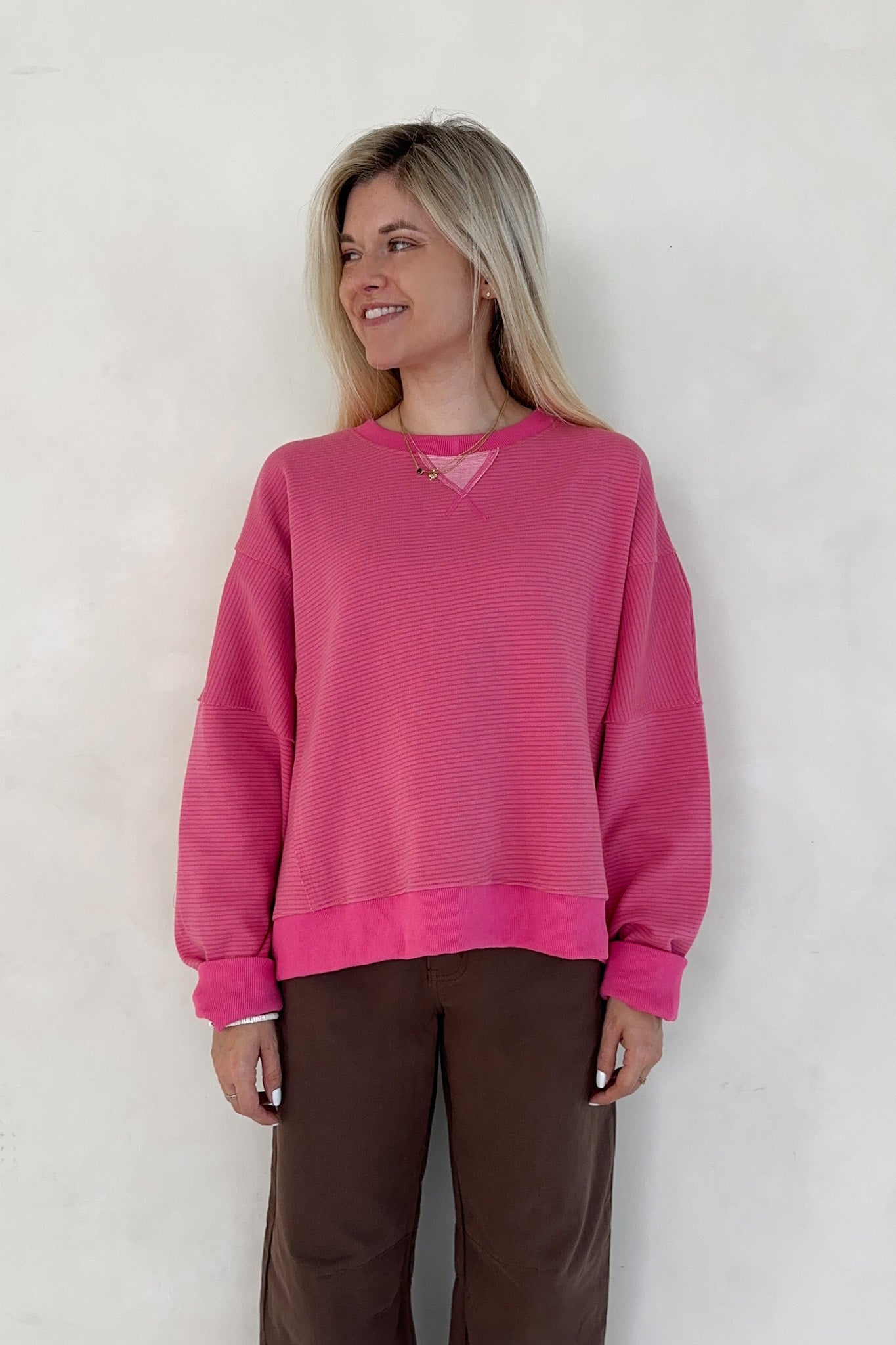 Fall Break Hibiscus and Mocha Striped Pullover - Neutral Ground