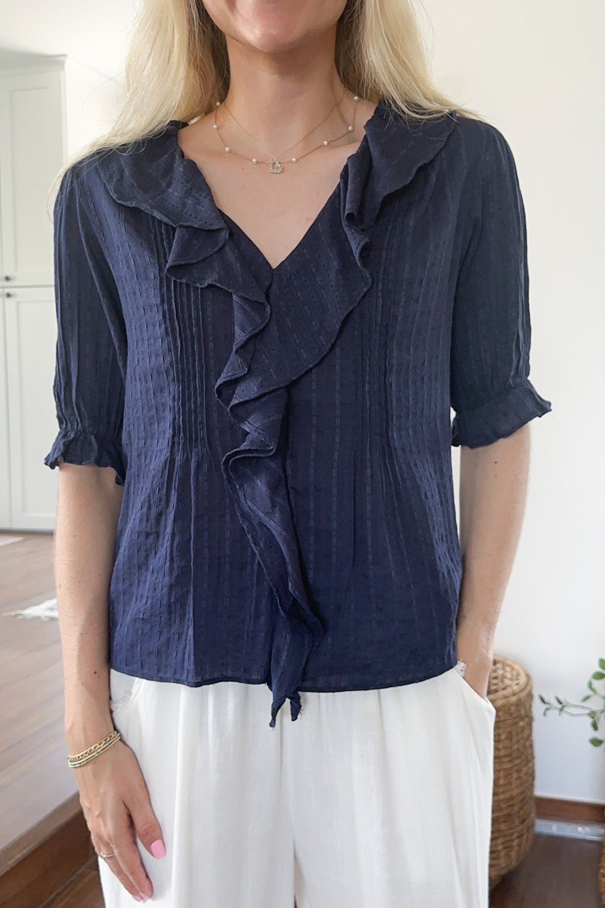 Farrah Navy Ruffle Top - Neutral Ground