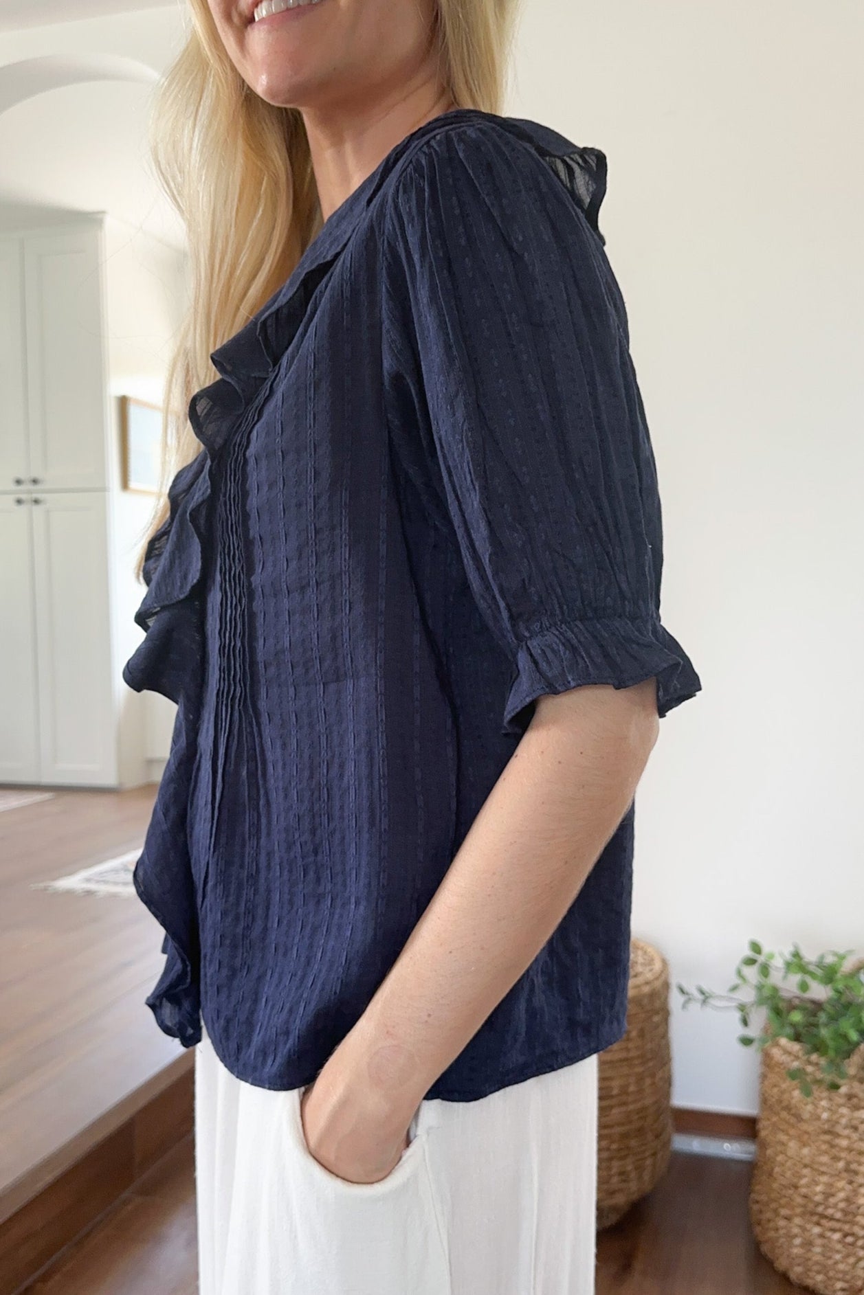 Farrah Navy Ruffle Top - Neutral Ground