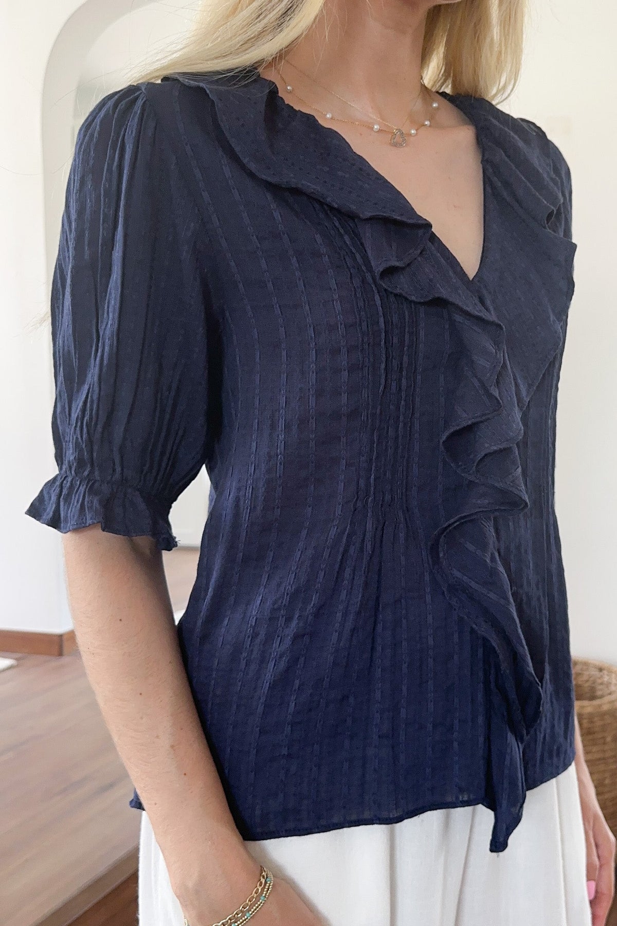 Farrah Navy Ruffle Top | Neutral Ground