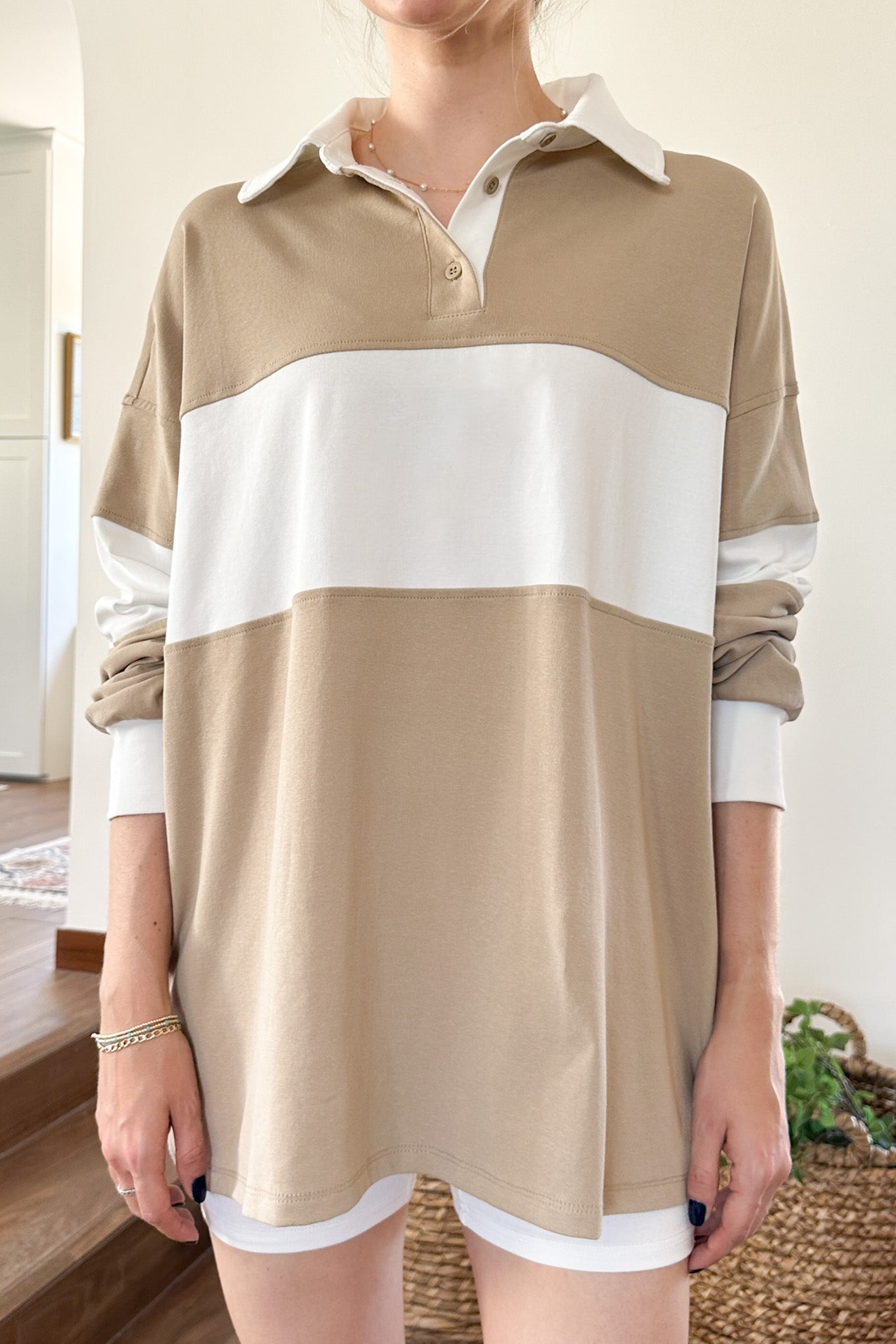 Field Day Stripe Rugby Polo Top & Biker Shorts Set in Natural - Neutral Ground