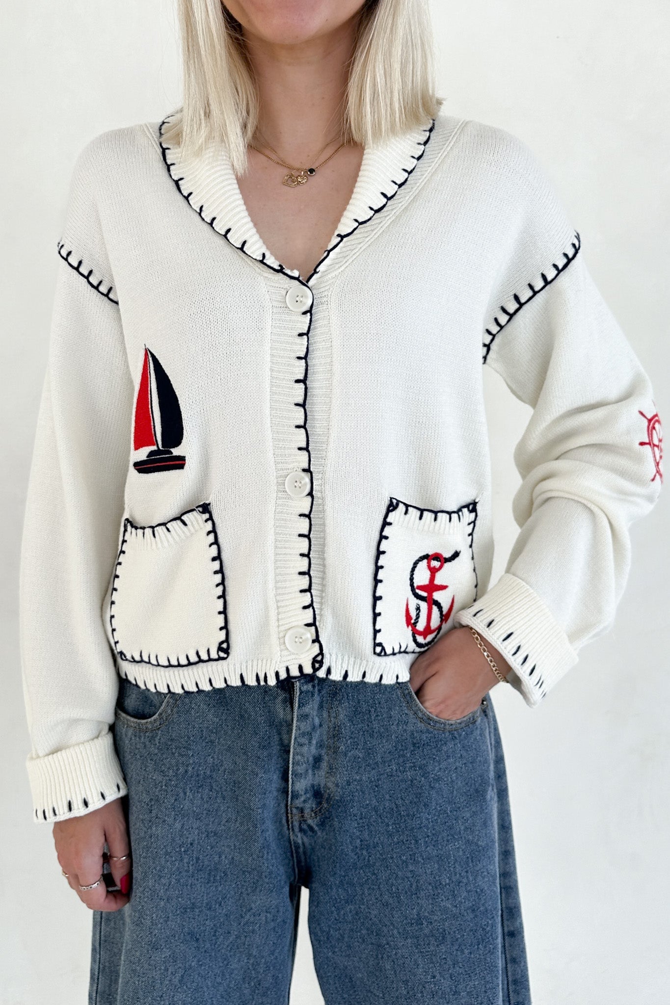 First Mate Embroidered Lightweight Knit Cardigan - Neutral Ground