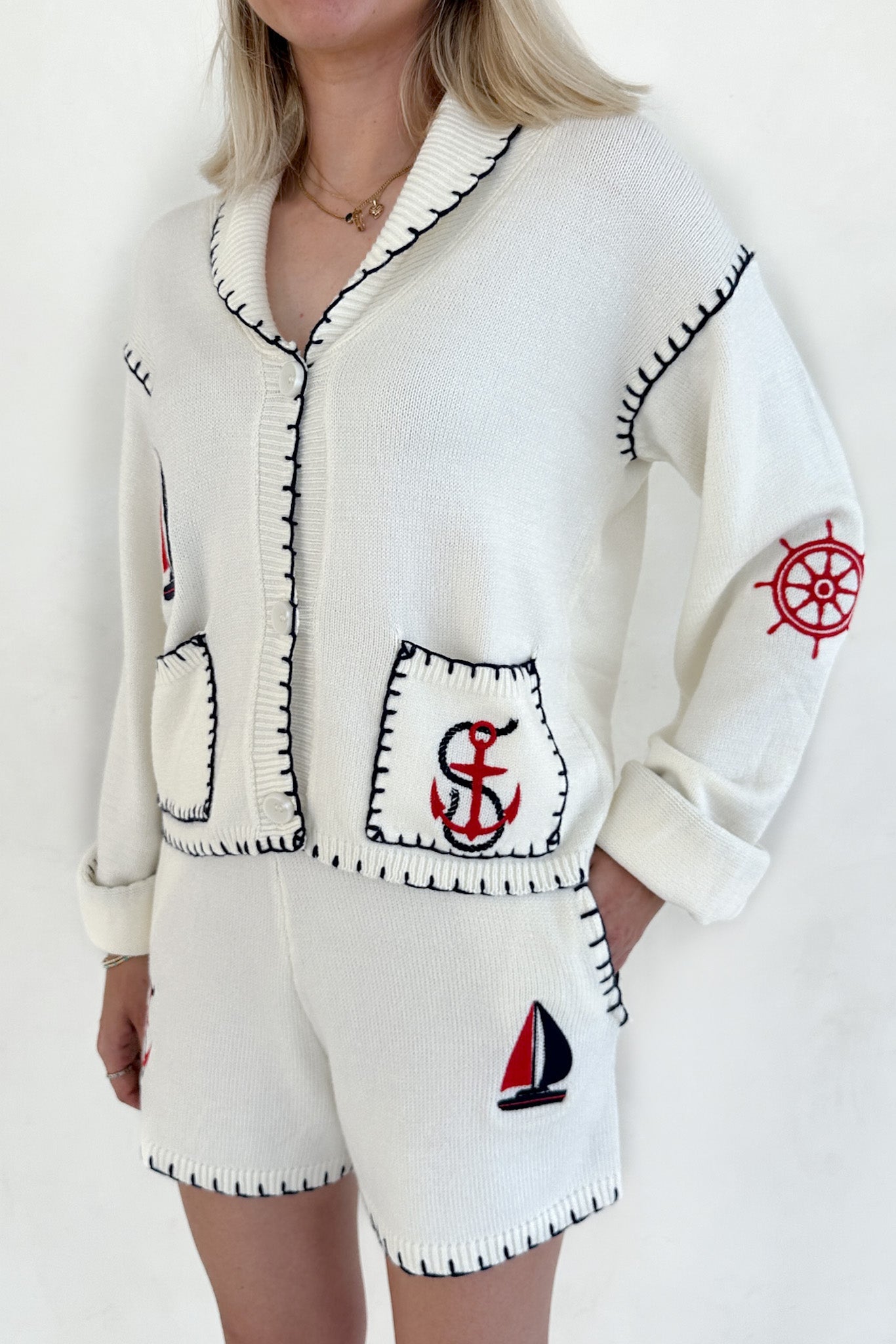 First Mate Embroidered Lightweight Knit Cardigan - Neutral Ground