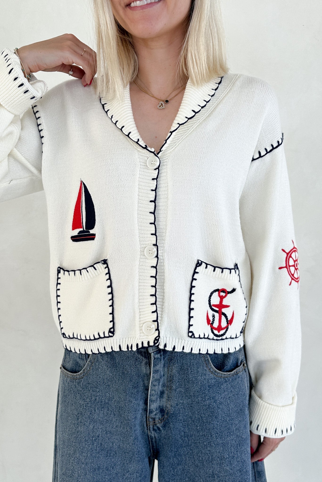 First Mate Embroidered Lightweight Knit Cardigan - Neutral Ground