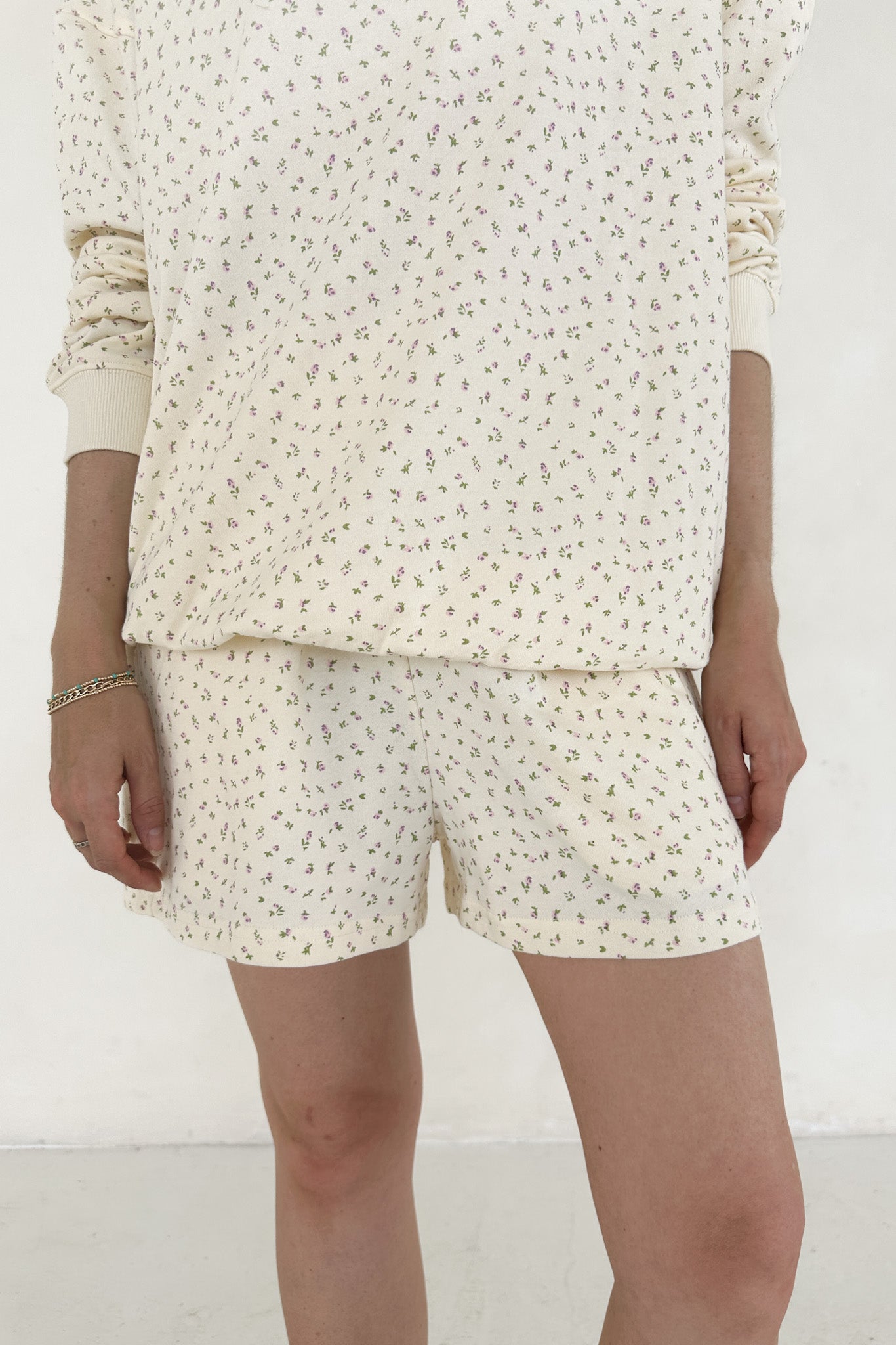 Fleur Cream Ditsy Floral French Terry Lounge Shorts - Neutral Ground
