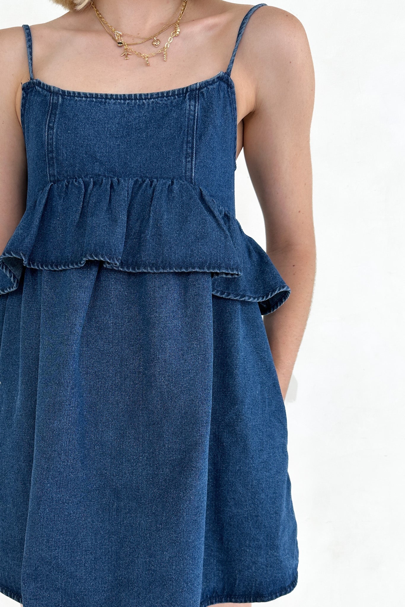 Frankie Tiered Ruffle Denim Mini Dress - Neutral Ground