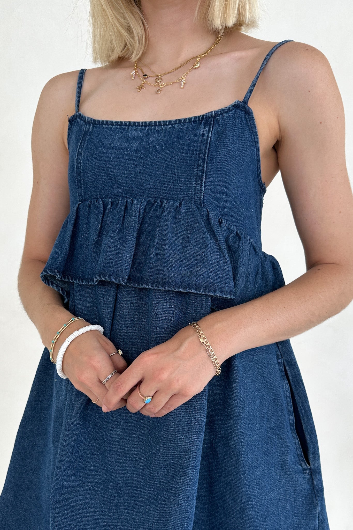 Frankie Tiered Ruffle Denim Mini Dress - Neutral Ground