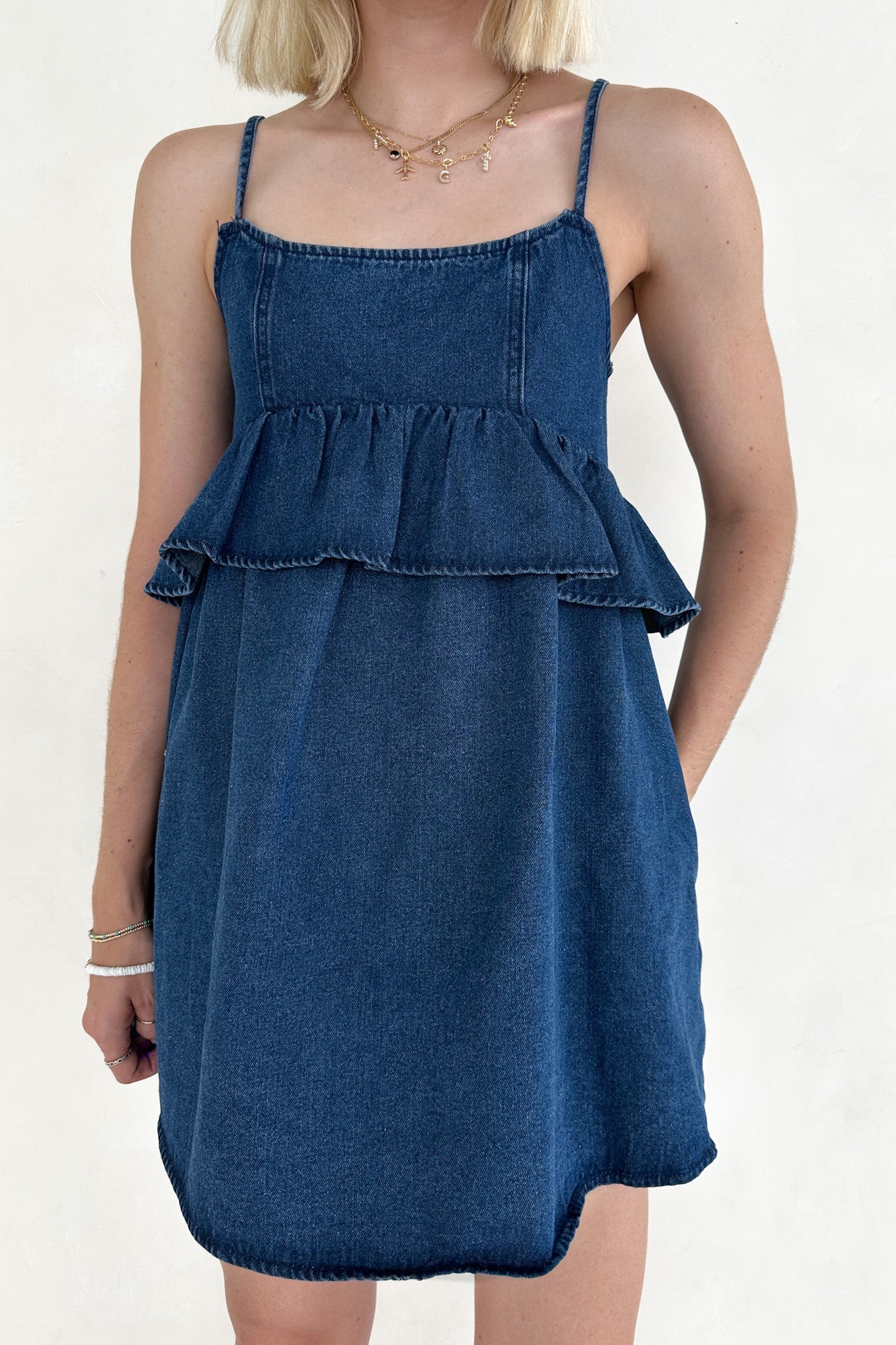 Frankie Tiered Ruffle Denim Mini Dress - Neutral Ground