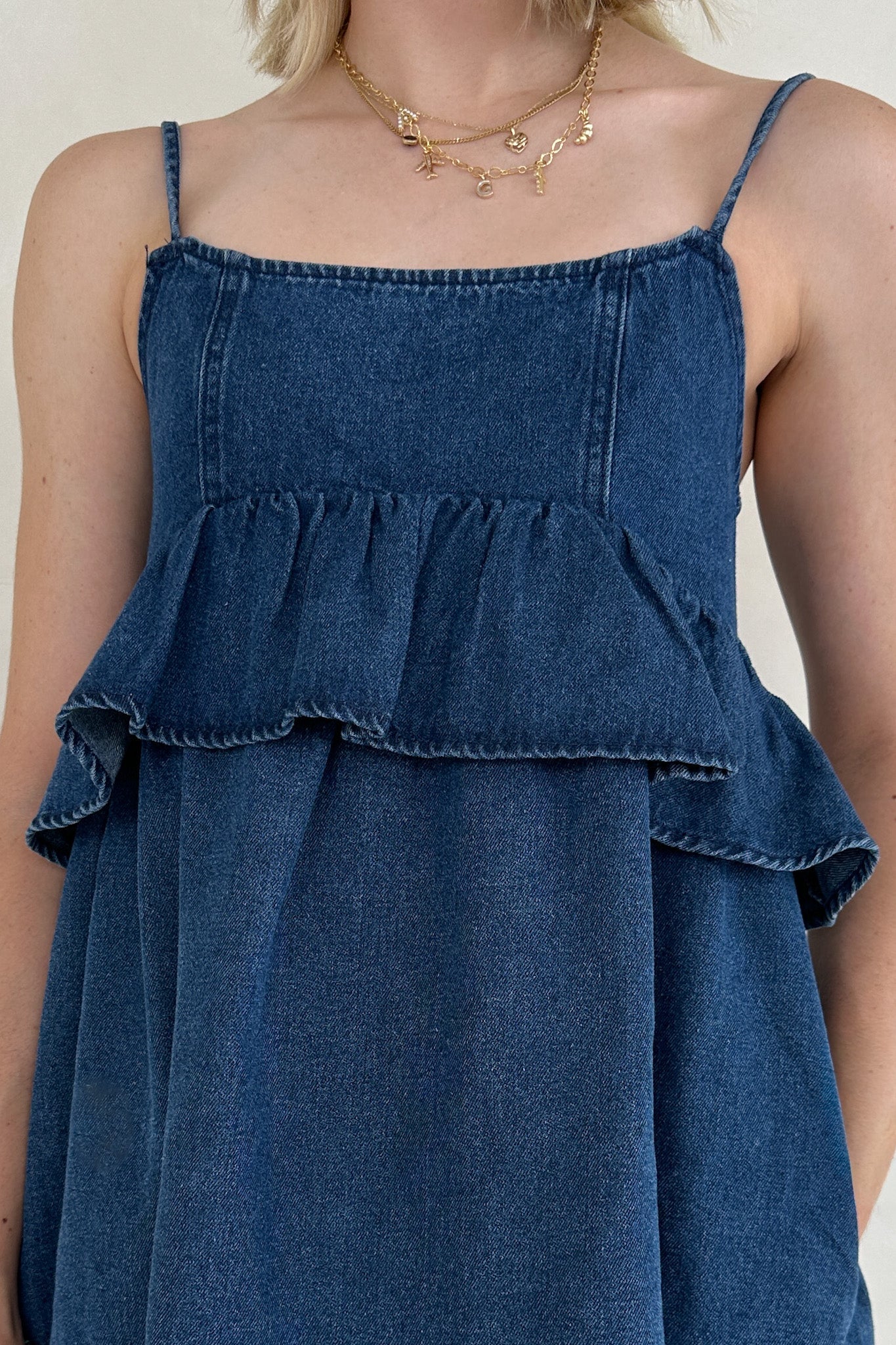 Frankie Tiered Ruffle Denim Mini Dress - Neutral Ground